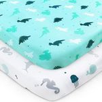 Travel Cot Sheets 95x65cm Fitted, 2 Pack Ultra Soft Crib Sheets, Travel Cot Mattress Sheets Compatible with Graco, Red Kite Travel Cot, Soft and Breathable, Aqua Dinosaurs & Oceans