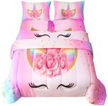 Namoxpa Unicorn Bedding 3 Piece Flower Girl Comforter Sets,Cartoon Unicorn Bedspreads Cute Comforter Sets for Teens and Girls,Queen Size