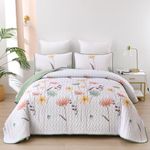 Floral Quilt Set Queen Size,Sage Green Bedspread Coverlet Botanical 3 Pieces Quilts Microfiber Lightweight Bedspreads White Soft Reversible Bed Cover Sets for All Season(Queen, 90"x90")