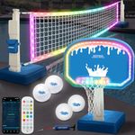 OHYEMO 2-in-1 LED Pool Volleyball & Basketball Game Set, Light Up Pool Sport Combo Set with 14in LED Rim/4 Glow Balls/2 Base/Pump, App & Music Sync, Inground Swimming Pool Toy Game for Adults & Family