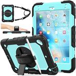 SEYMAC stock Case for iPad Mini 5th/4th Generation 7.9'', [Full-Body] Drop Proof Armor Case with 360° Rotating Stand [Pencil Holder][Screen Protector] Hand Strap, SkyBlue+Black