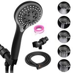 VEHHE Shower Head with Hose, 5 Modes High Pressure Shower Head Adjustable, Bathroom Shower with 1.5M Flexible Pipe and Bracket Brass Ball Joint, Detachable Handheld Shower Head Saving Water∣Black Grey