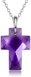 Joyfulmuze Genuine Dark Purple Amethyst Pendant Cross, Unisex 925 Sterling Silver 18 Inch Chain, Stone 10x16mm, Handmade Religious Gift for Women and Men (Amethyst-Dark)