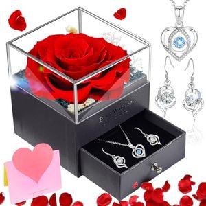 Patelern Rosa Eterna con Collar Pendientes, Rosa Eterna Natural Preservada con caja de regalo, ideas para regalar a mujer, Regalo para Día de la Madre, Día de San Valentín, Navidad para Mamá Novia