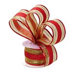 Red Gold Christmas Wired Ribbon - 2 1/2" x 10 Yards, Striped, Fall, Gift Wrapping, Wreath Decoration, Garland, Tree Topper Bow, Boxing Day, Wedding, Reception, Anniversary, Valentine's Day