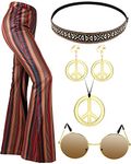 Unittype 5 Pcs 60s 70s Outfits Women Hippie Disco Costume Boho Pant Peace Sign Necklace Earring for Halloween Party(Small)