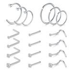 AVYRING 20G Stainless Steel Nose Stud Screws CZ Inlaid Piercing Jewelry, Nose Studs Rings Hoop Set for Women Men, Pack of 18 Pieces