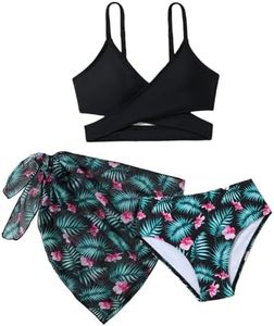 Tshyfiper Kids Swimsuit Girls 3 Piece Bathing Suit Bikini Set Teen Halter Tops Floral Brief Swimming Suit with Cover Up Skirt Summer Beach Party Surf Swimwear Black 13-14 Years