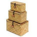 FEILANDUO Shelf Baskets with Lids Set of 3 Handwoven Seagrass Storage Box Wicker Basket Desktop Makeup Organizer Multipurpose Container (Original (S/M/L)