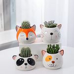 4 PCS Set Cute Animal Bear Cat Dog Fox Shaped Ceramic Succulent Cactus Flower Plant Pot Planter with Bamboo Tray (Plant Not Included)