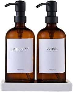 MaisoNovo Soap and Lotion Dispenser Set - Bathroom Soap Dispenser Set with Amber Glass Soap Dispenser, Black Pumps & Ceramic Tray