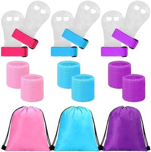 Jenaai 9 Pcs Gymnastics Hand Grips Gloves Wristbands with Drawstring Backpack Gymnastics Bar Palm Protection Bar Grips Sports Wrist Support Cinch Bags for Boys Girls Youth Kids Exercise(Multi Color)