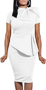 LAGSHIAN Women Fashion Peplum Bodycon Short Sleeve Bow Club Ruffle Pencil Party Dress, White, Medium