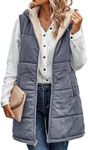 ECOWISH Women Long Puffer Vest: Fall Zipper Reversible Fleece Jacket Sleeveless Hooded Outerwear Vest Grey Blue X-Large