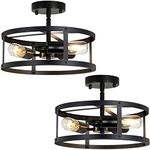 XPEHK 3-Light Semi Flush Mount Ceiling Light,Farmhouse Flush Mount Light Fixture,Industrial Ceiling Light Black Metal Cage Ceiling Lighting for Kitchen Foyer Hallway Entryway 2 Pack