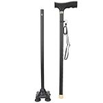 Walking Stick Height Adjustable Aluminum Alloy Cane with T Handle 4 pronged Pivot Base for All Terrain Grip Balance Cane with Non Slip Design