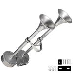 150db Boat Horn Deluxe: 12V Dual Horn Trumpet Upgrade - Polished Stainless Steel Marine Horns with Low & High Tones, Featuring Adjustable Horn Support（Upgraded Pair of Horns）