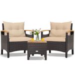 KOTEK 3 Piece Patio Furniture Set, Outdoor Conversation Set with Removable Cushions, Acacia Wood Tabletop and Armrests, PE Rattan Wicker Bistro Set for Porch, Balcony, Backyard (Beige)