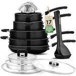 NutriChef Non Stick Cookware Set, 17Pc Pots and Pans Set, Induction Cookware, Cooking Set w/Foldable Knob, Space Saving, Nylon Tools Set & Foldable Steamer Basket