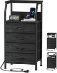 Furnulem Tall Night Stand with Charging Station, 4 Drawer Dresser with Storage Shelf, 33 Inch Side Table, Fabric End Table for Closet, Entryway, Dorm, Bedside Furniture, 3 Ways to Use, Black Oak