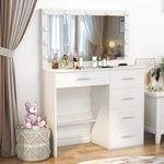 White Dressing Table with Large Lighted Mirror, Makeup Desk with 5 Drawers and Adjustable Brightness Mirror, Cute Modern Bedroom Dresser for Bedroom