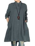 Vogstyle Women's Autumn Cotton Linen Full Front Buttons Shirt Dress with Pockets Large Dark Green