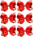 6 PCS 3" Grosgrain Ribbon Hair Accessories - Alligator Clips, Solid Color Toddler Hair Bows (Red)