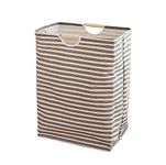 House of Quirk 52 Litre Linen Cotton Collapsible Laundry Basket For Folding Portable Dirty Clothes Storage Hamper (Beige/Grey Horizontal)