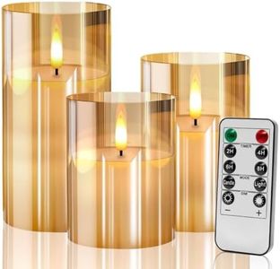 Gold Glass Flameless Battery Candles Flickering with Remote,Timer, Wicking Operated Realistic Real Wax Warm Light LED Candle, for Party Wedding Festival Tabletop Decoration, Set of 3