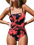 CUPSHE Women Swimsuit One Piece Bathing Suit Square Neck Cutout Back Tummy Control with Adjustable Spaghetti Straps, Black/Red, Medium