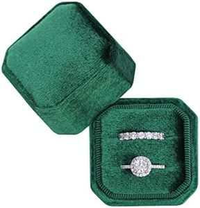 BLUTETE Square Octagon Ring Box 2 Slots Wedding Engagement Ring Set Keepsake Box Bridal Photo Gift Box (Dark Emerald)