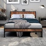 DUMEE Queen Bed Frame with Wood Storage Headboard, Metal Platform Bed Frame Queen Size Mattress Foundation No Box Spring Needed, Noise Free, Black & Rustic Brown