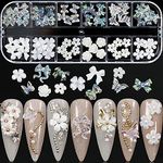 Flower Nail Art Charms 60pcs Nail Glitter Decals Decoration 3D Nail White Flower Mixed Design Acrylic Nail Stud Jewelry Salon Nail Accessories Supplies for Women DIY Manicures Tips