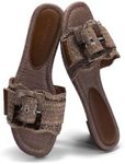 Coutgo Womens Flat Sandals Raffia Slip On Slide Sandal Square Open Toe Buckle Summer Beach Shoes Flats, Coffee, Size 7