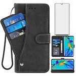 Asuwish Compatible with Huawei P30 Pro Wallet Case and Tempered Glass Screen Protector Flip Cover Credit Card Holder Stand Cell Accessories Phone Cases for Hawaii P30Pro P 30 Pro30 Women Men Black