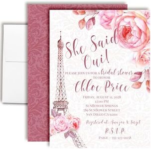 Custom She Said Oui Bridal Shower Invitations – 50 Paris Eiffel Tower French Themed 5x7 Invitations with Fifty Envelopes – Personalized Romantic Wedding Shower Invites by AmandaCreation