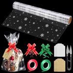 PYGHAP Christmas Cellophane Wrap Roll, 80CM x 30M Clear Snowflakes Patterned Cellophane Wrap for Hampers, Easter, Christmas Gifts, Flowers, Treats & Crafts Wrap with Pull Bow Ribbons Cards Scissor