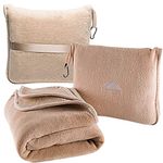 BlueHills Premium Soft Travel Blanket Pillow Airplane Blanket Packed in Soft Bag Pillowcase with Hand Luggage Belt and Backpack Clip, Compact Pack Large Blanket for Any Travel (Beige T005)