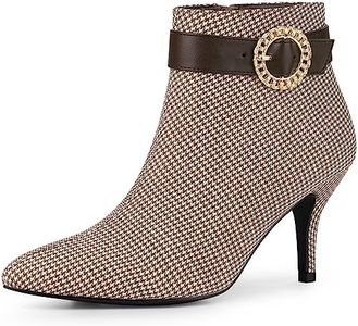 Allegra K Women's Buckle Plaid Stiletto Heels Houndstooth Khaki Ankle Boots 11 M US