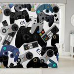 Gamer Gamepad Shower Curtain Teen Boys Girls Kids, Video Games Room Curtain, 72" W x 72" L, with 12 Holes, Red Blue White Black