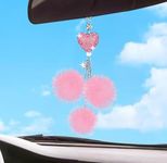 JIEYAO Bling Car Hanging Accessories for Women, Pink Rear View Mirror Charm, Cute Car Hanging Ornament Accessories Love Heart & Pink Plush Ball Decor Rhinestones Love Heart Ornament Pendant