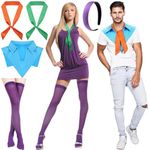 Panitay 5 Pcs Halloween Delicate Adult Costume Included Purple Head Band Royal Blue False Collar Green Orange Ribbon Scarf Thigh High Socks Halloween Costume for Women