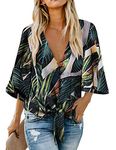 Eddoyee Women Fashion 3/4 Bell Sleeve Blouse Sexy Leaf Print V Neck Button Shirt Tie Knot Tops Casual M