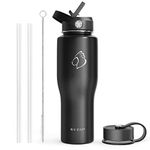 BUZIO 32oz Stainless Steel Water Bottle Tumbler, Vacuum Insulated Travel Flask with Straw Lid and Flex Cap, Cold for 48 Hrs Hot for 24 Hrs Fits in Any Car Cup Holder Bottle Thermo Canteen Mug,Black