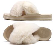 COFACE Womens Fuzzy Slippers Fashion Open Toe Cross Band Slide Slippers Ladies Arch Support Fluff Faux Fur Sandals with Soft Yoga Mat Footbed for Plantar Fasciitis Indoor Outdoor White Size 7