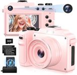 Cameras for Photography,4K Pink Digital Camera Anti-Shake 64MP Compact Vlogging Camera with 18X Zoom,Travel Autofocus,Point and Shoot Camera with 64GB TF Card,2 Batteries,Dual Charger for Beginner