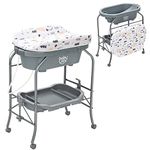 BABY JOY Baby Bathtub with Changing Table, Foldable Infant Diaper Changing Station with Storage Tray, Waterproof Pad, Portable Newborn Nursery Organizer Bath Stand with 4 Universal Wheels (Gray)