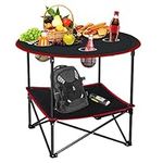 Folding Camping Table,Portable Picnic Table with 4 Drink Cup Holders & Carrying Bags,Lightweight Collapsible Beach Table,Canvas Patio Table Outdoor,Small Folding Table for BBQ,Garden,Travel(Red)