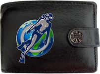Scuba Diver World Sea Diving Water sport KLASSEK Mens Wallet Real Black Leather RFID Blocking with Coin Pocket and Metal Gift Box