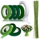 QINGHEC 4 Rolls Green Florist Tape and Wire,13mm Floral Stem Wrap Tape,Flower Bouquet Tape with 50 Pcs 22 Gauge Green Florist Wire Stems and Double Sided Tape for Bouquet Stem Wrapping-30 Yard/Roll